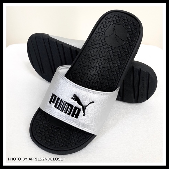 PUMA SILVER BLACK SLIDES SANDALS CAT SLIP ONS A2C - Picture 6 of 8
